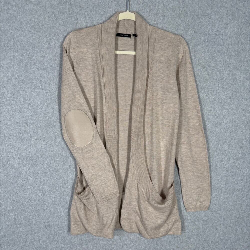Vice Versa Cardigan Sweater Womens Medium Tan Wool Elbow Patches Oatmeal Grandpa